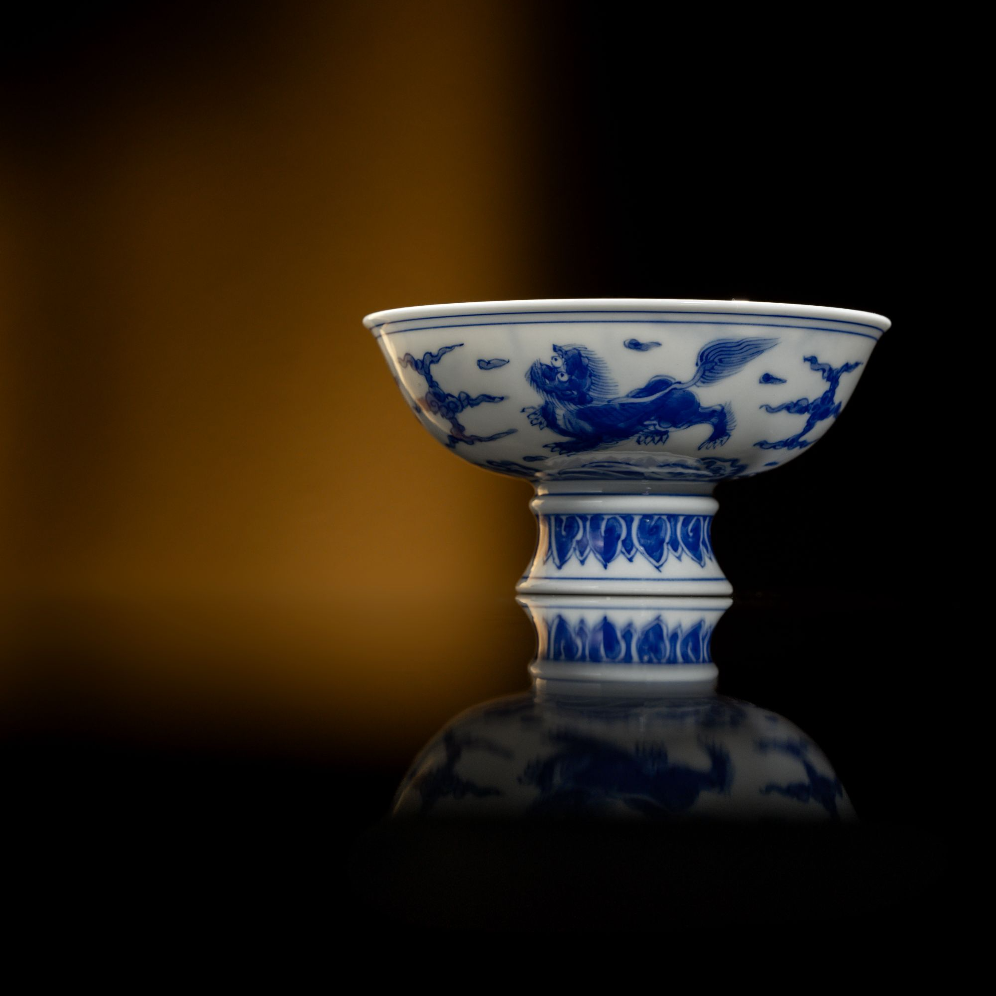 且斋格古青花八仙祝寿狮子高足杯景德镇手工手绘茶具