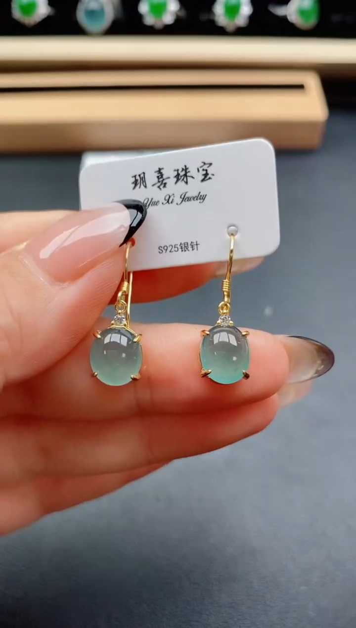 翡翠银S925镶嵌耳饰5080