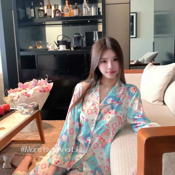 春秋长袖长裤时尚薄款印花卡通气质睡衣女家居服睡衣套装夏季