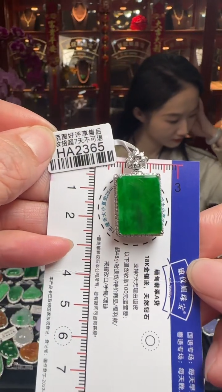 【闪购商品】翡翠颈饰18K金镶嵌HA2365冰辣绿无事牌