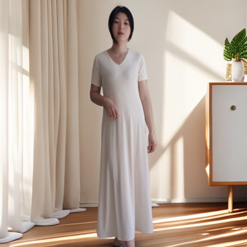 2025夏季新款冰丝螺纹棉裙子V领长款收腰显瘦短袖大摆女士连衣裙