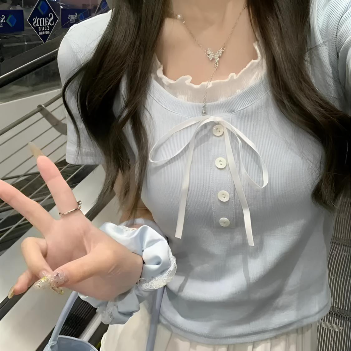 甜美风设计感假两件短袖T恤女装夏季修身显瘦短款温柔蓝色小个子