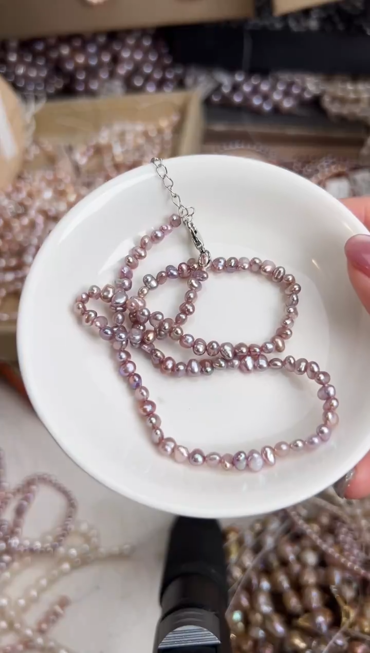 未镶嵌3淡水珍珠顺*顺无核*强光紫色珍珠项链4mm左右