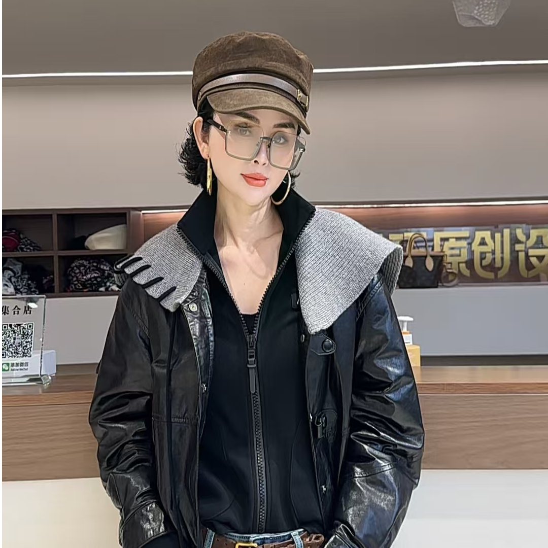 迷巧时髦新款加绒海军领常规落肩袖短款韩版皮衣外套