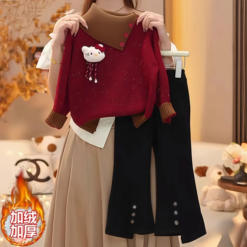 女童加厚毛衣加绒喇叭裤套装2025新款秋冬红色针织衫一体绒微喇裤