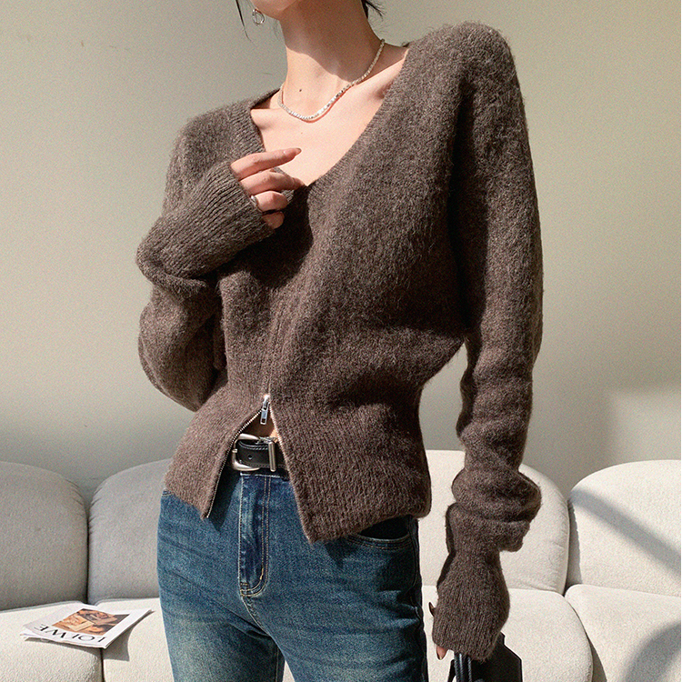 咖色法式掐腰气质辣妹短款毛衣女款奶fufu慵懒针织衫洋气减龄上衣