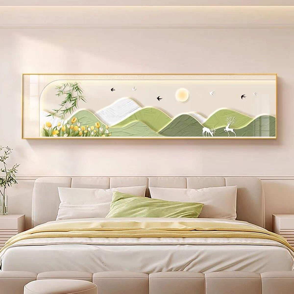 奶油风床头装饰画简约卧室房间绿植原木风挂画主卧背景壁画高级感