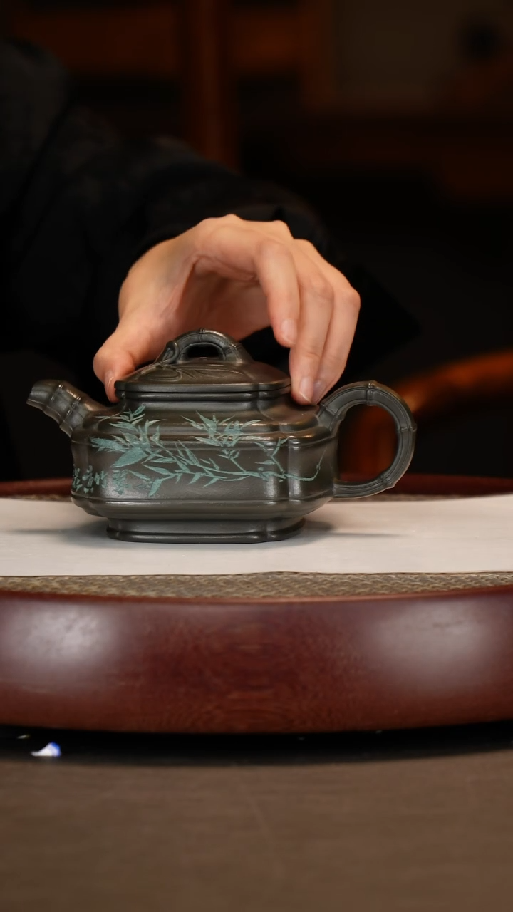 【闪购商品】紫砂茶壶四方抽角竹鼓+山水画+花盆