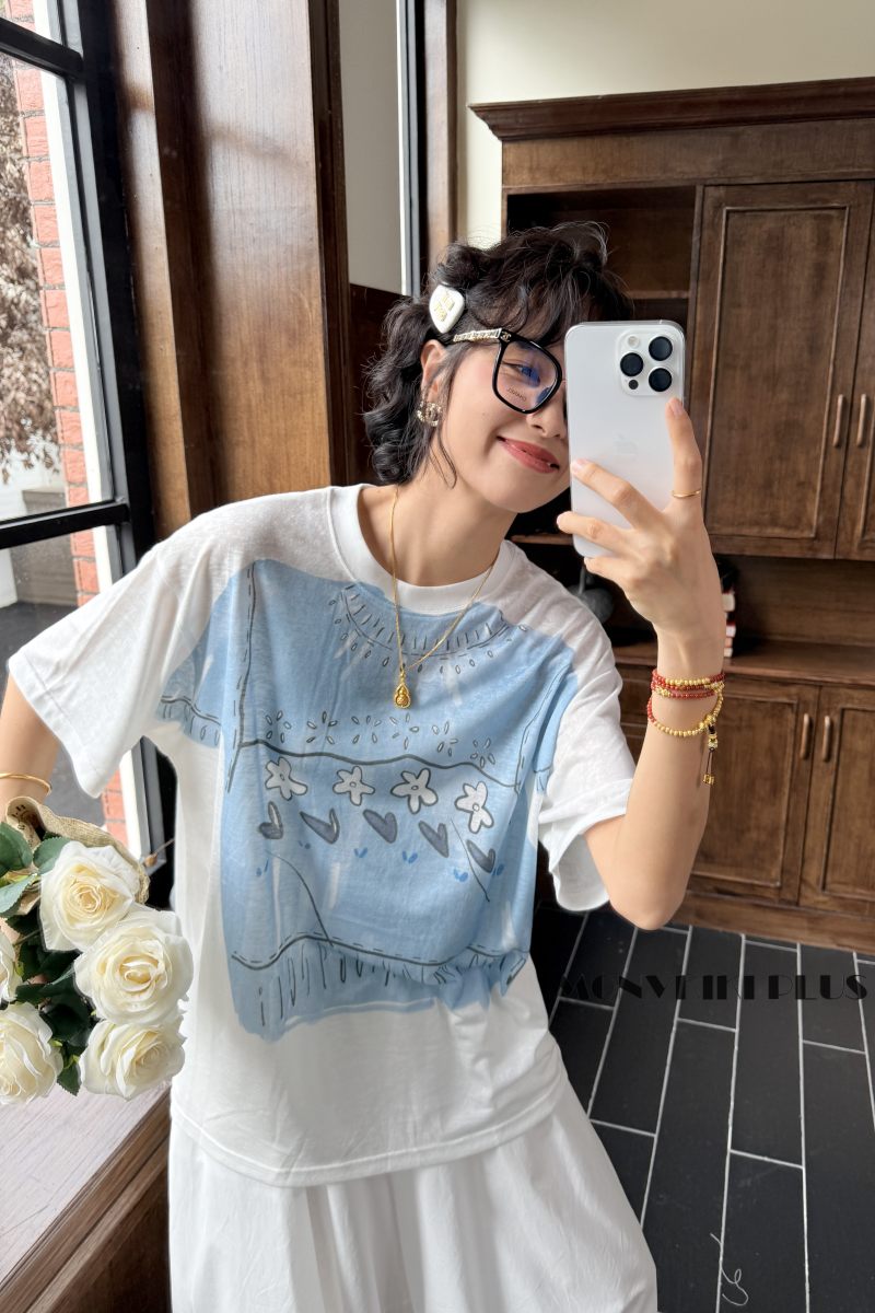 MoNvKiKiPlus5【爱意落山河】70%棉大版印花短袖T恤白色减龄#H061