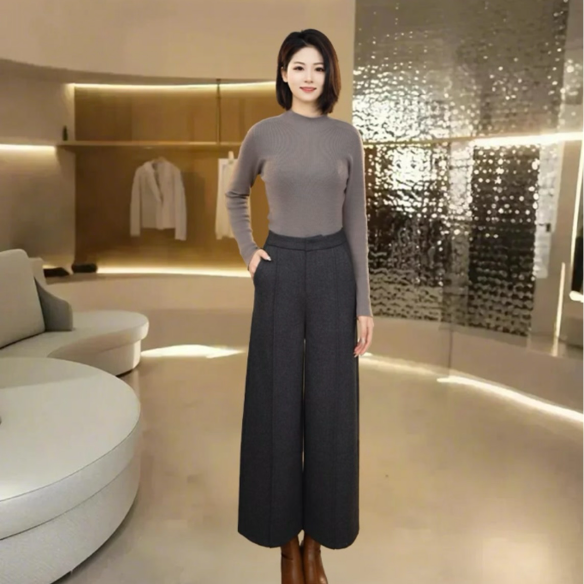 【7799华达呢】灰色毛呢九分阔腿裤女秋冬新款高腰显瘦垂感女裤