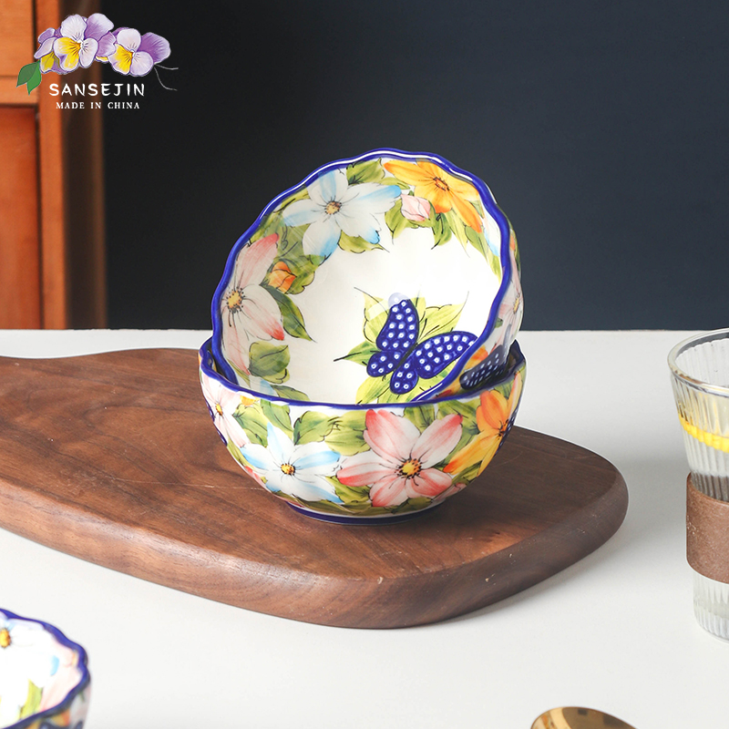 新疆包邮【水仙花】轻奢手绘釉下彩陶瓷5英寸米饭碗四只