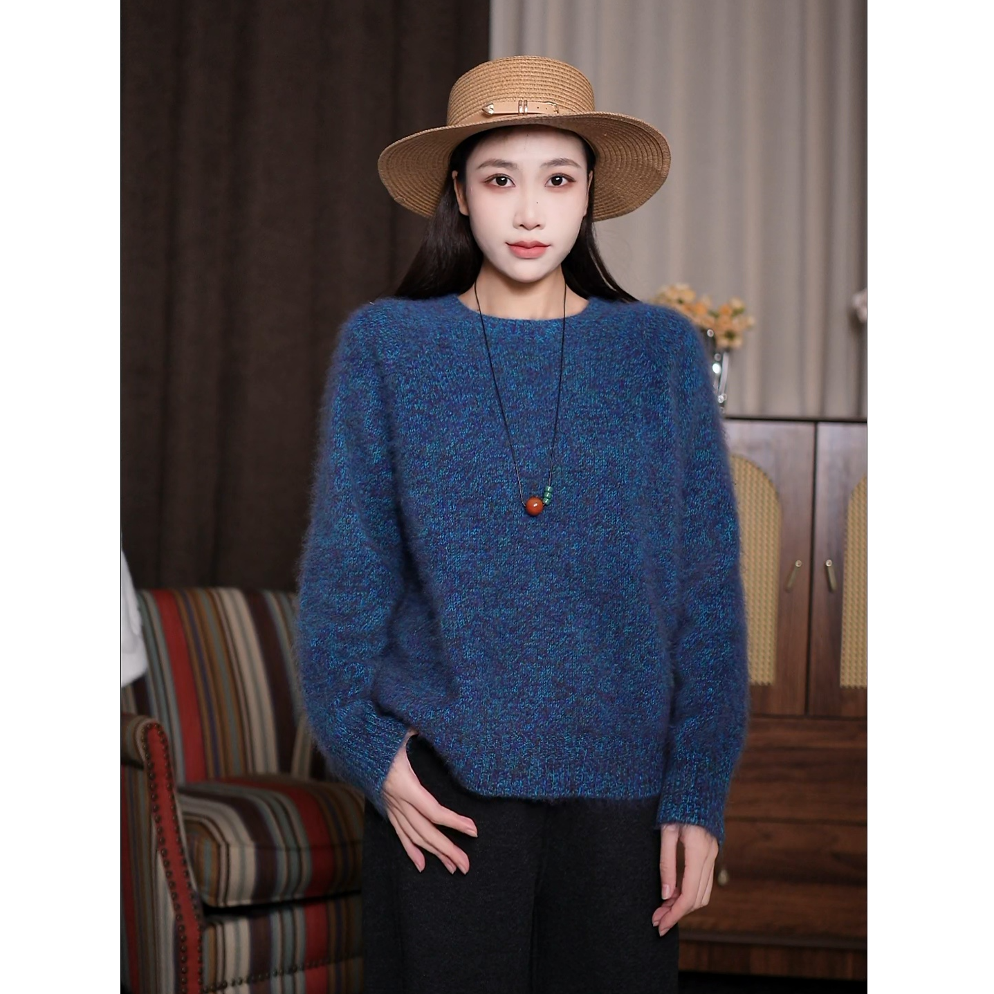 【圆领加厚】#山羊绒拉毛#花纱拉绒 无缝一体针织衫 重磅羊绒衫