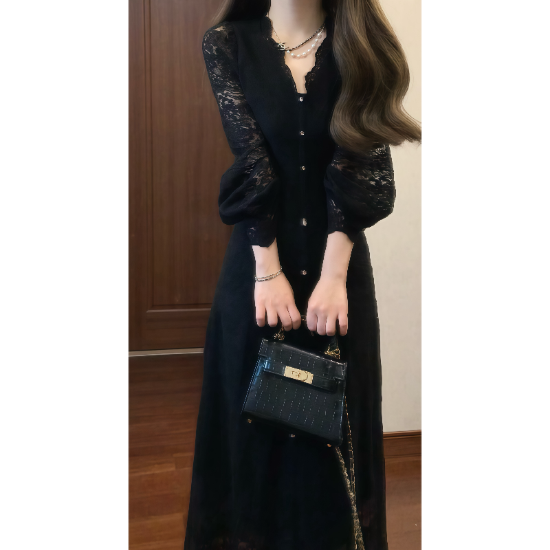 2025秋季法式甜美温柔风V领蕾丝连衣裙长袖收腰气质长裙9755