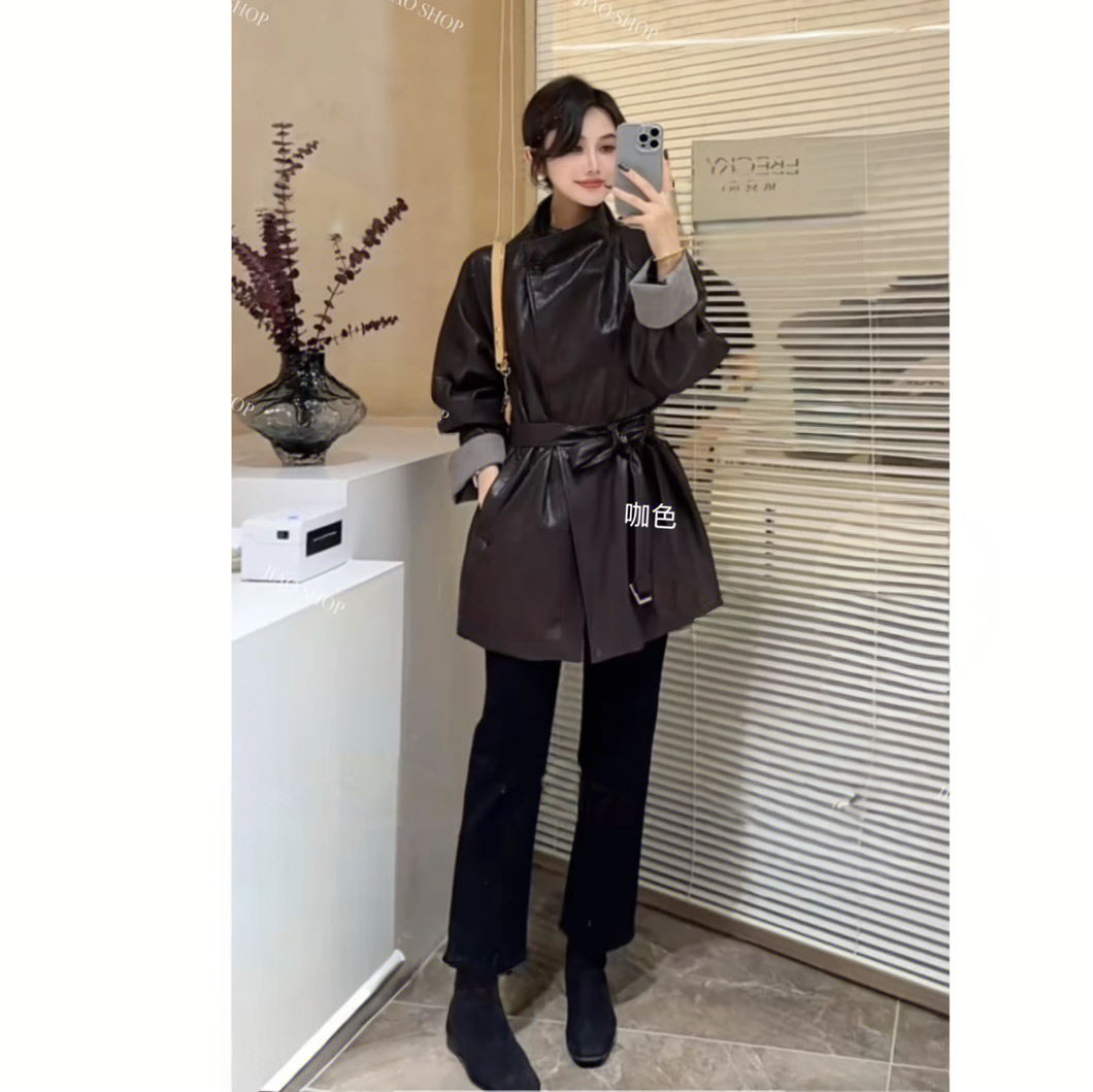 洋气中长款宽松皮衣女2025秋季高级感系腰带立领显瘦皮外套9815