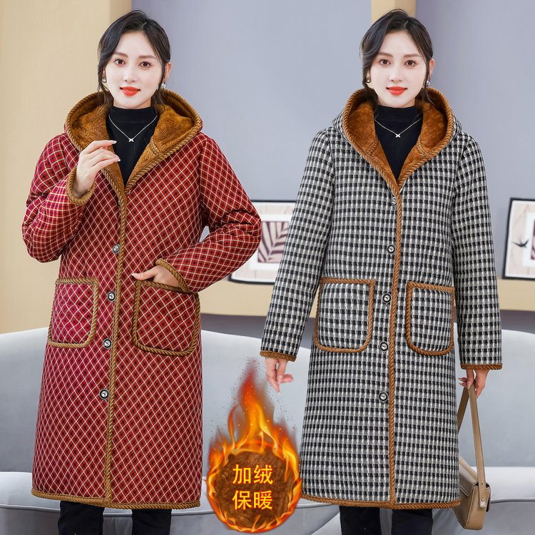 中老年厚棉衣加绒新款加厚长款过膝棉服冬季外套妈妈连帽保暖棉袄
