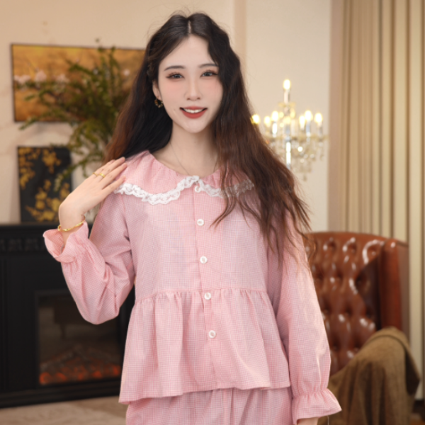 2025春款睡衣女套装色织格100纯棉家居服薄款宽松简约休闲大码