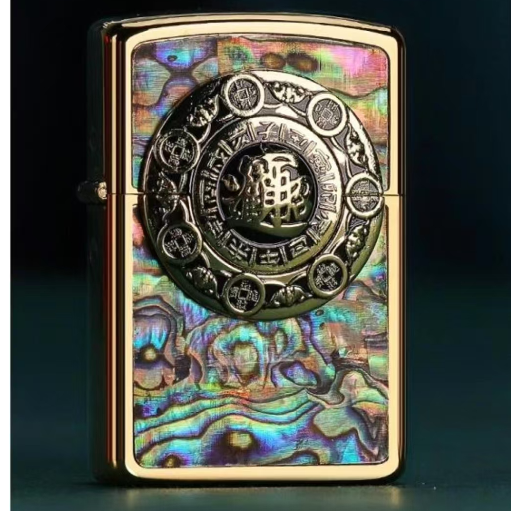 创意复古时尚彩贝煤油防风打火机加厚金招财进宝贴章男士高档礼品