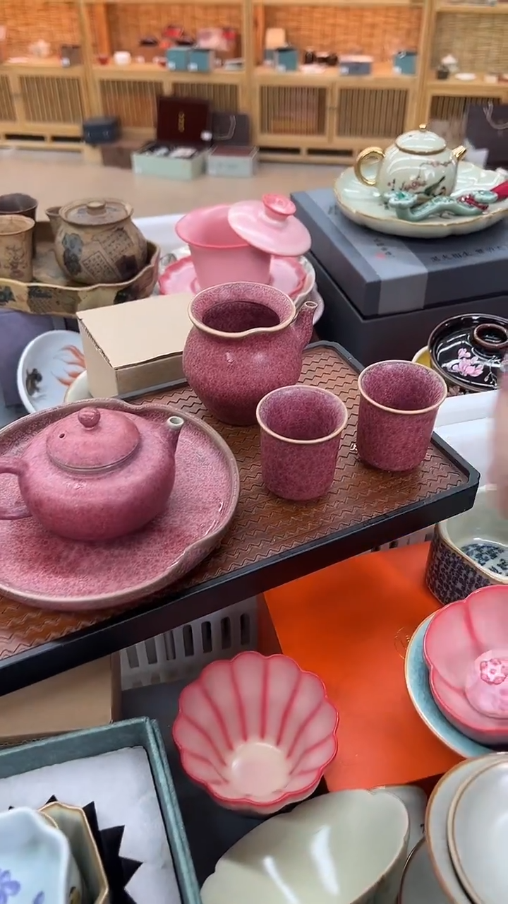 【闪购商品】胭脂红结晶壶+壶承+公道+两只直口杯