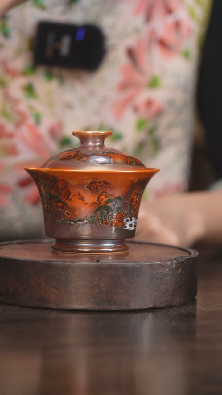 【闪购商品】杯80柴房陶瓷丨金红落灰绘画盖碗