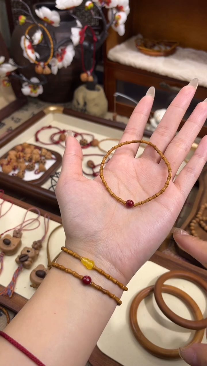 手串桃核【桃缘行】竹节「红色莎莎」桃木桃核辟、挡、驱、护 备注手围