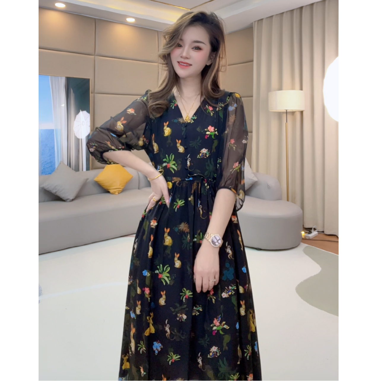 《静静心选》夏季 黑色 瑞兔长款气质印花真丝连衣裙  90294