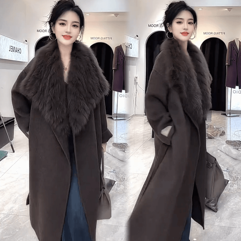 冬季新款毛领羊绒毛呢外套女上衣大码宽松显瘦长袖厚款长款大衣