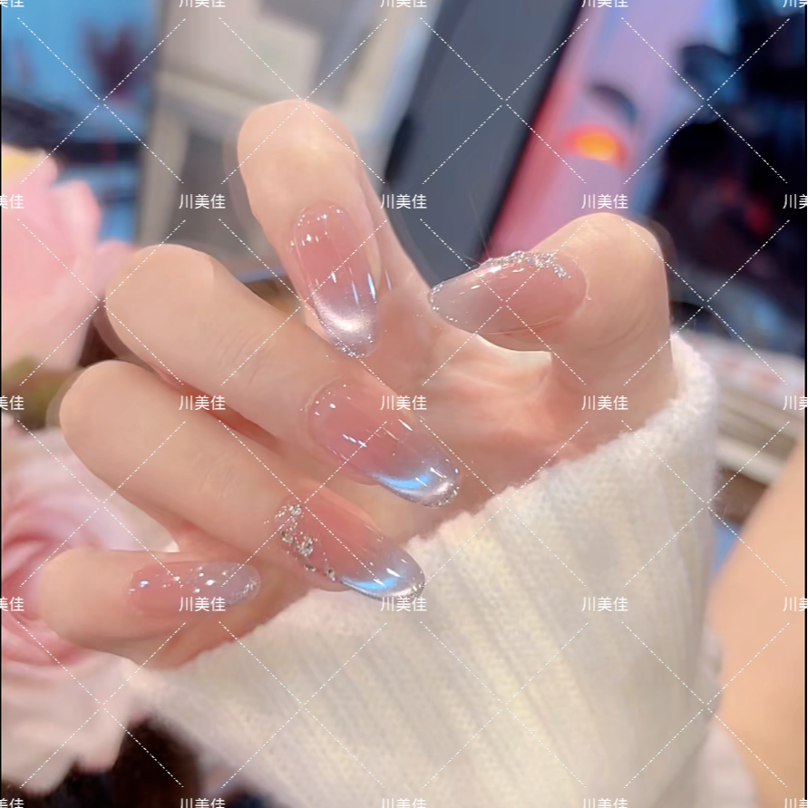 川美佳《薄荷糖》高级夏季蓝色猫眼腮红纯手工穿戴甲