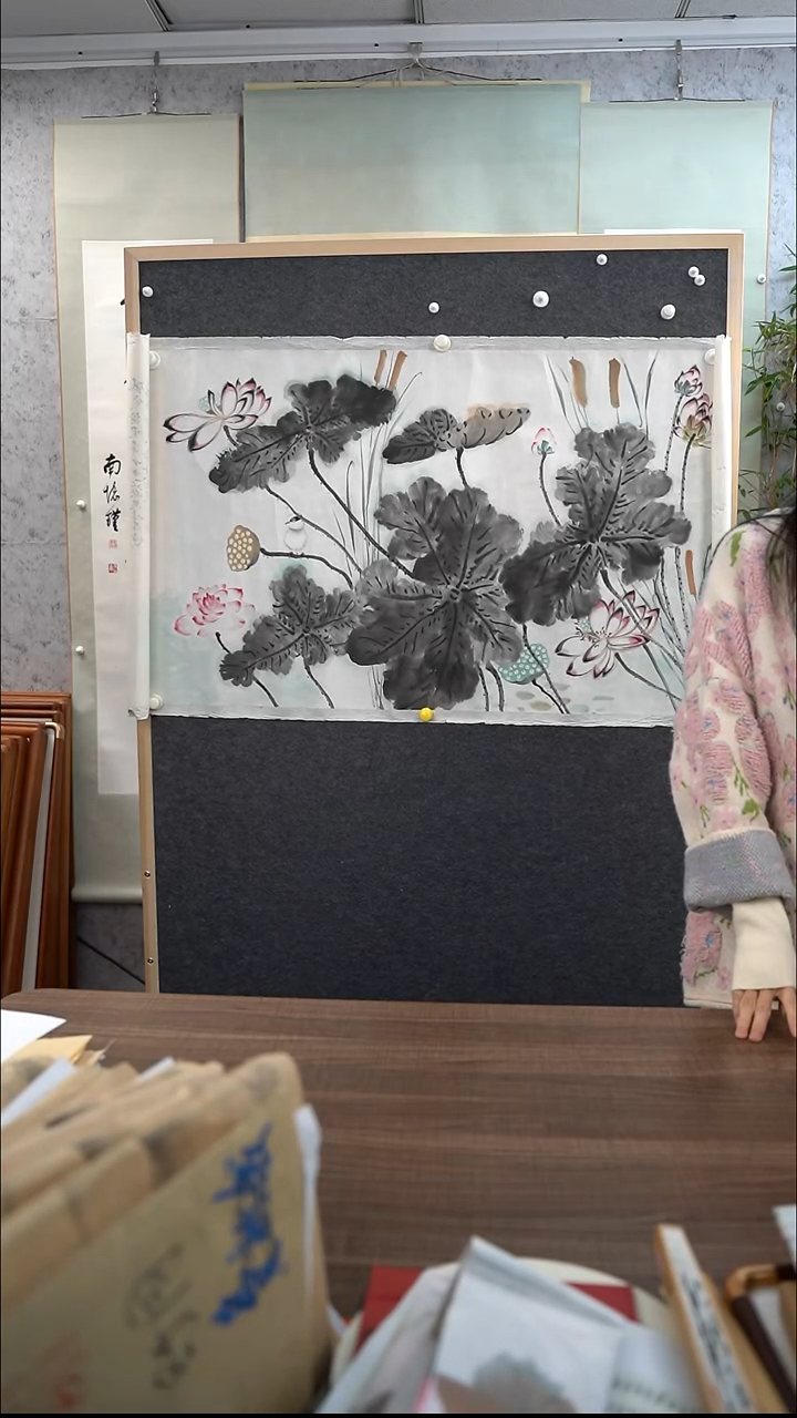 书法夏*白贾老师 荷花 8尺 手绘宣纸托片