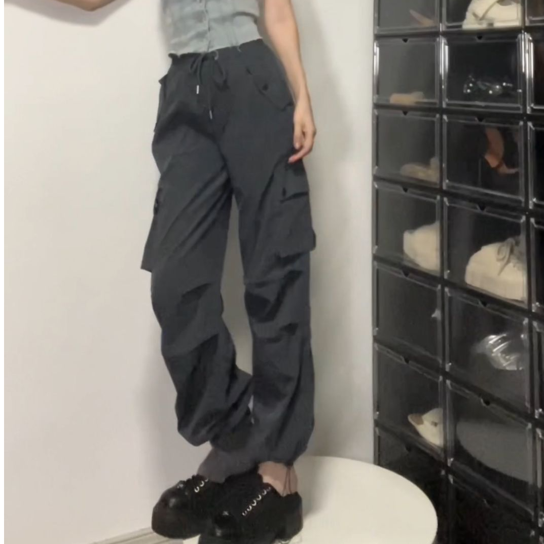 秋季新款灰色大口袋工装阔腿裤薄款宽松长裤