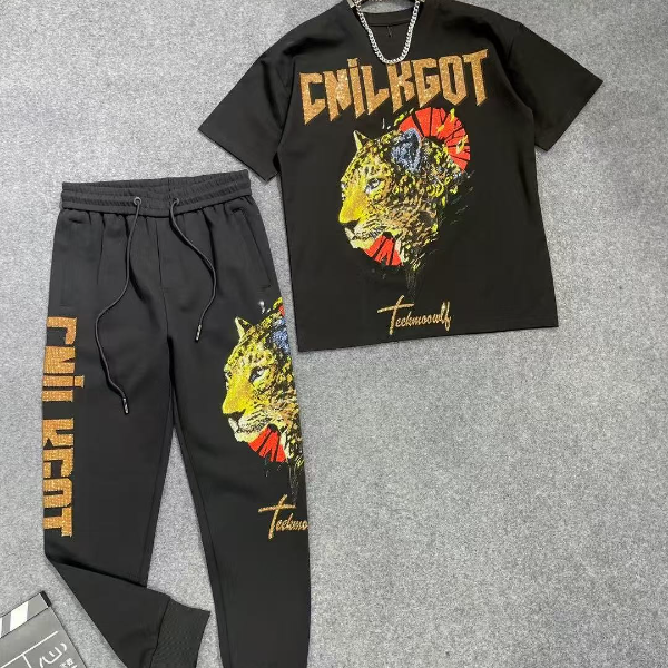 套装男士时尚夏季潮流印花老虎休闲裤情侣春夏个性帅气重工烫钻