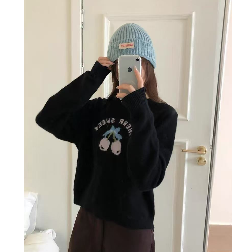 T2990 字母樱桃 甜美圆领针织毛衣女