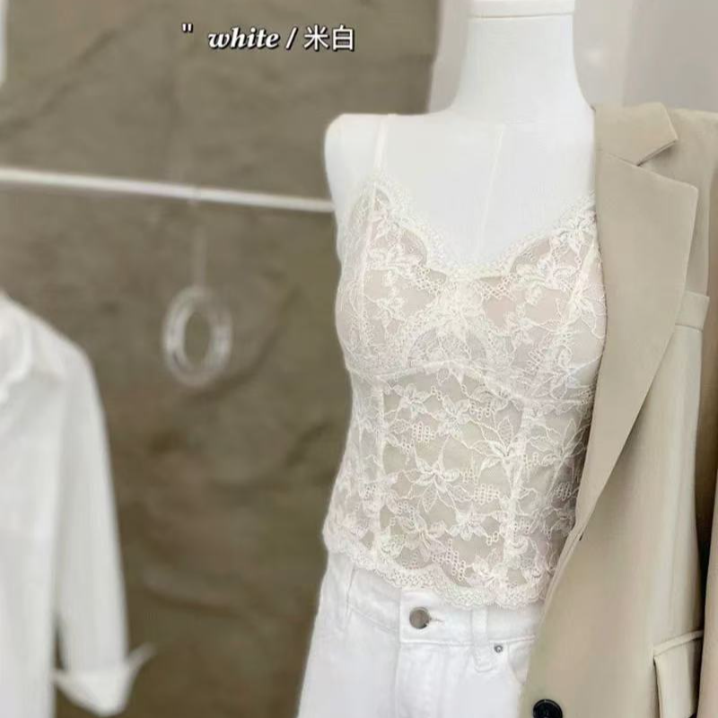 6099新款V领性感蕾丝磨毛美背吊带背心