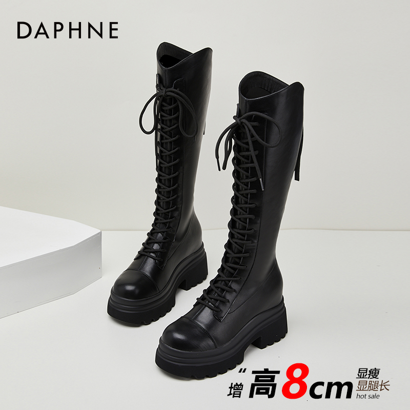 Daphne/ 达芙妮~显瘦显腿长的骑士靴！加绒系带内增高马丁靴女长靴商品图