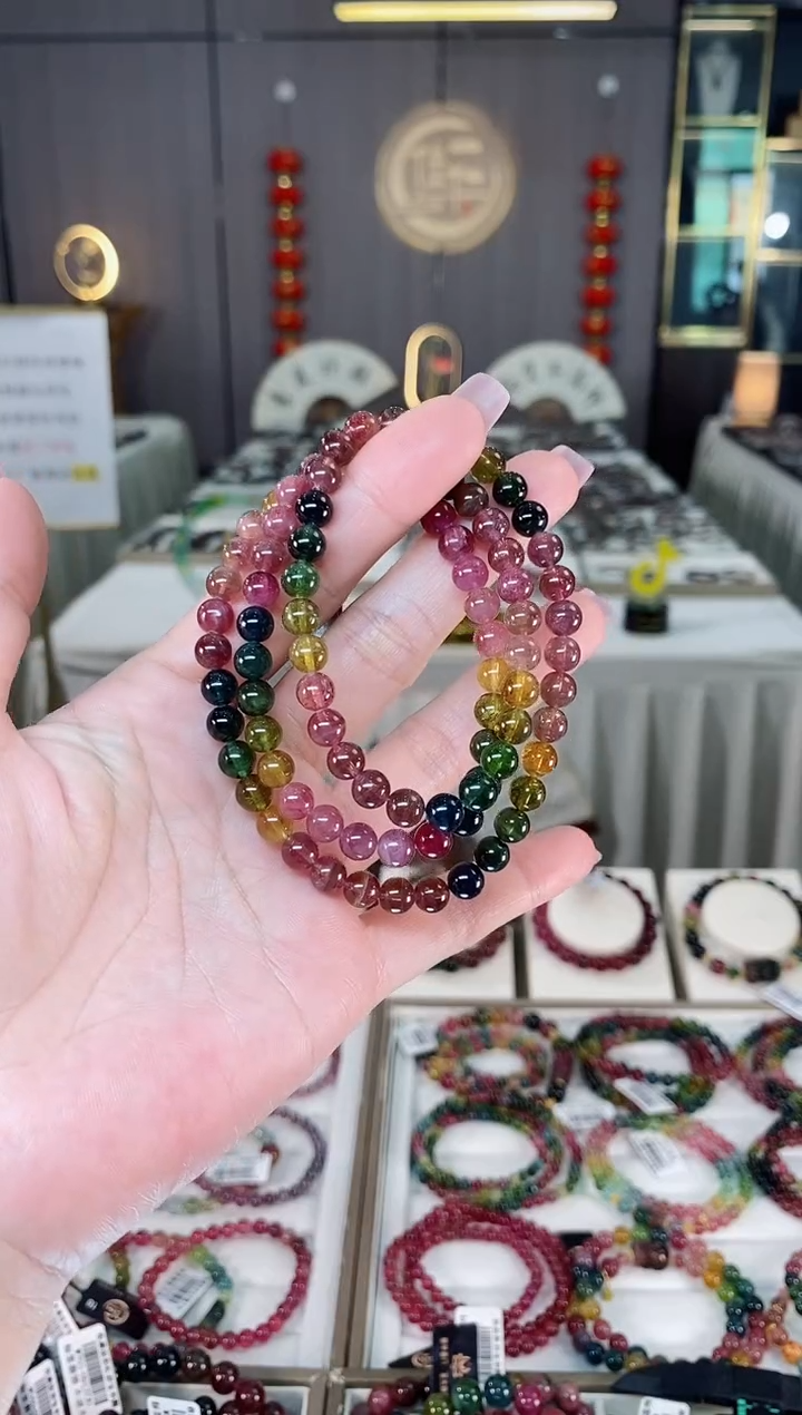未镶嵌老矿碧玺彩虹三圈手串6mm+碧玺hon多样性发货一条