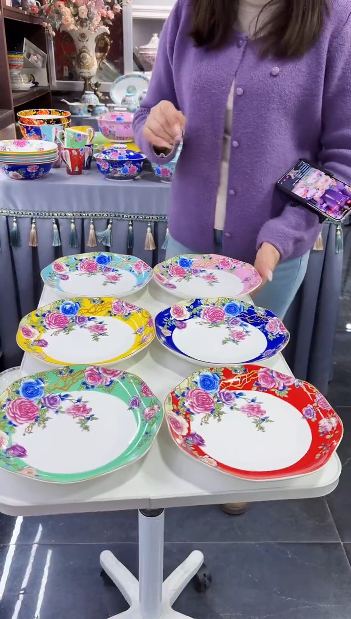 珐琅8英寸花口圆深盘6个景德镇陶瓷