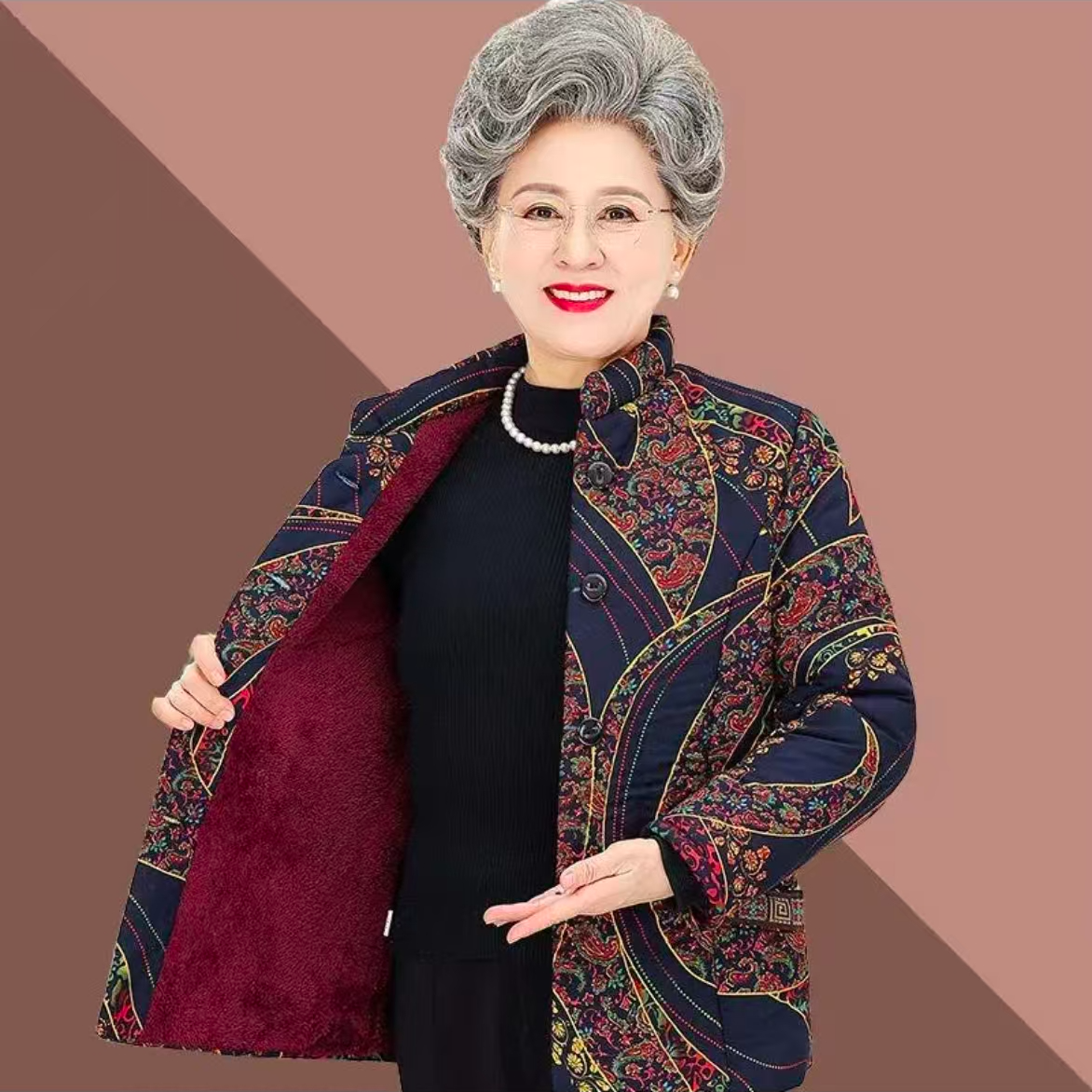 A009奶奶冬装加绒立领棉衣妈妈装加厚大码保暖棉服老人休闲棉