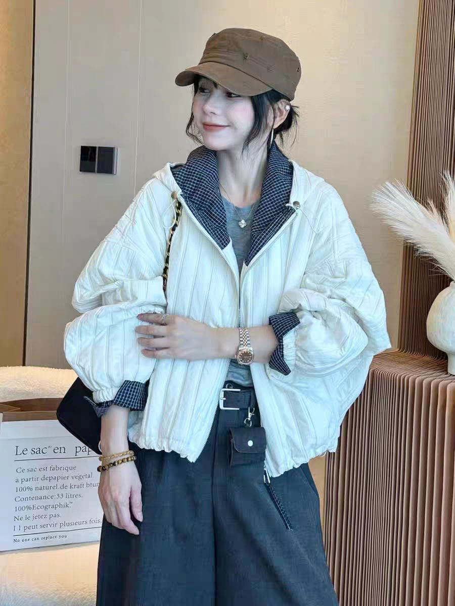 欧货连帽压格棉衣外套女秋季新款休闲宽松小个子棒球服上衣潮
