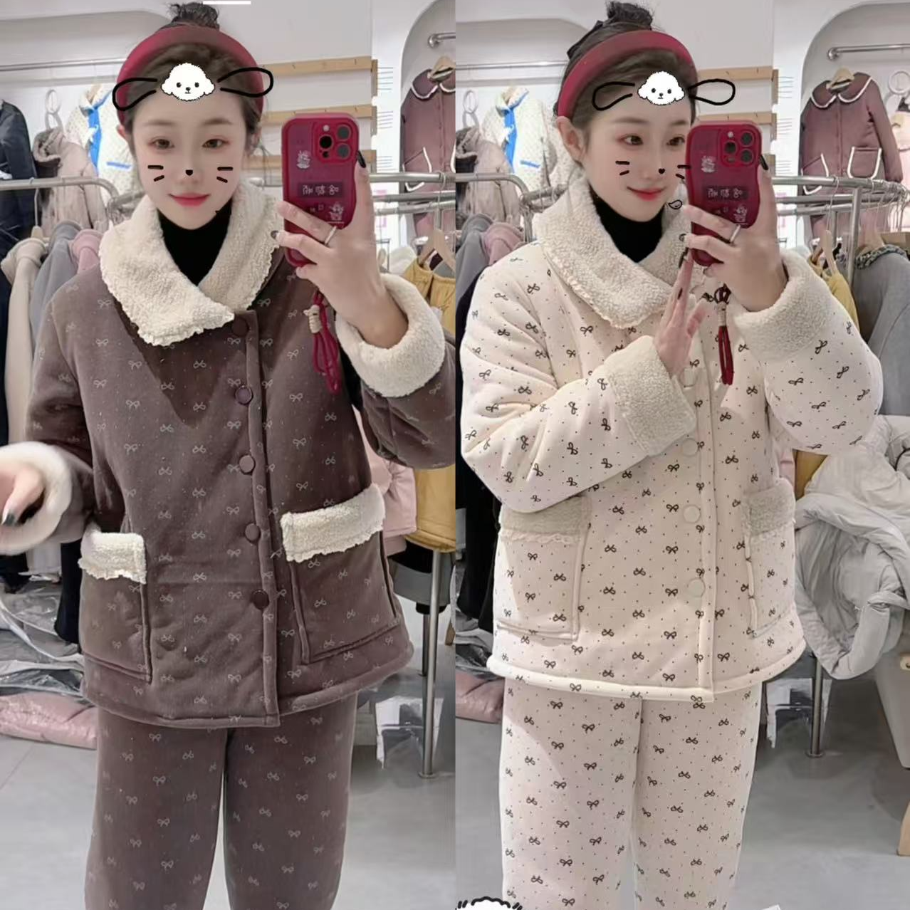  三层加厚偏衫蝴蝶结套装外穿穿家居服