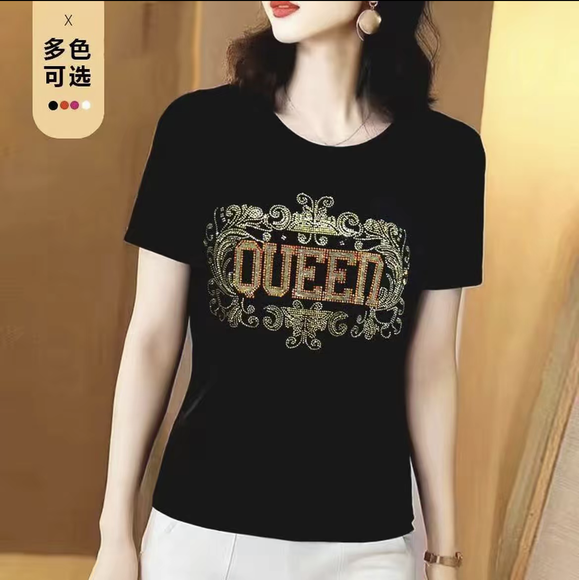 T恤气质女装显瘦时尚休闲夏季黑色印花圆领短袖洋气女士修身S15