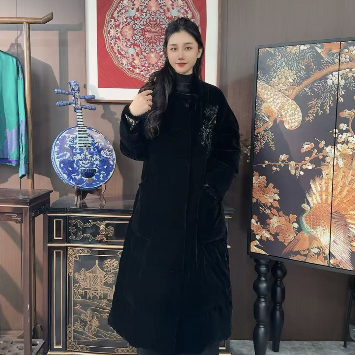 Betty Bairn【绣雪棠梨】新中式高级手工钉珠95白鹅绒长款外套A6205