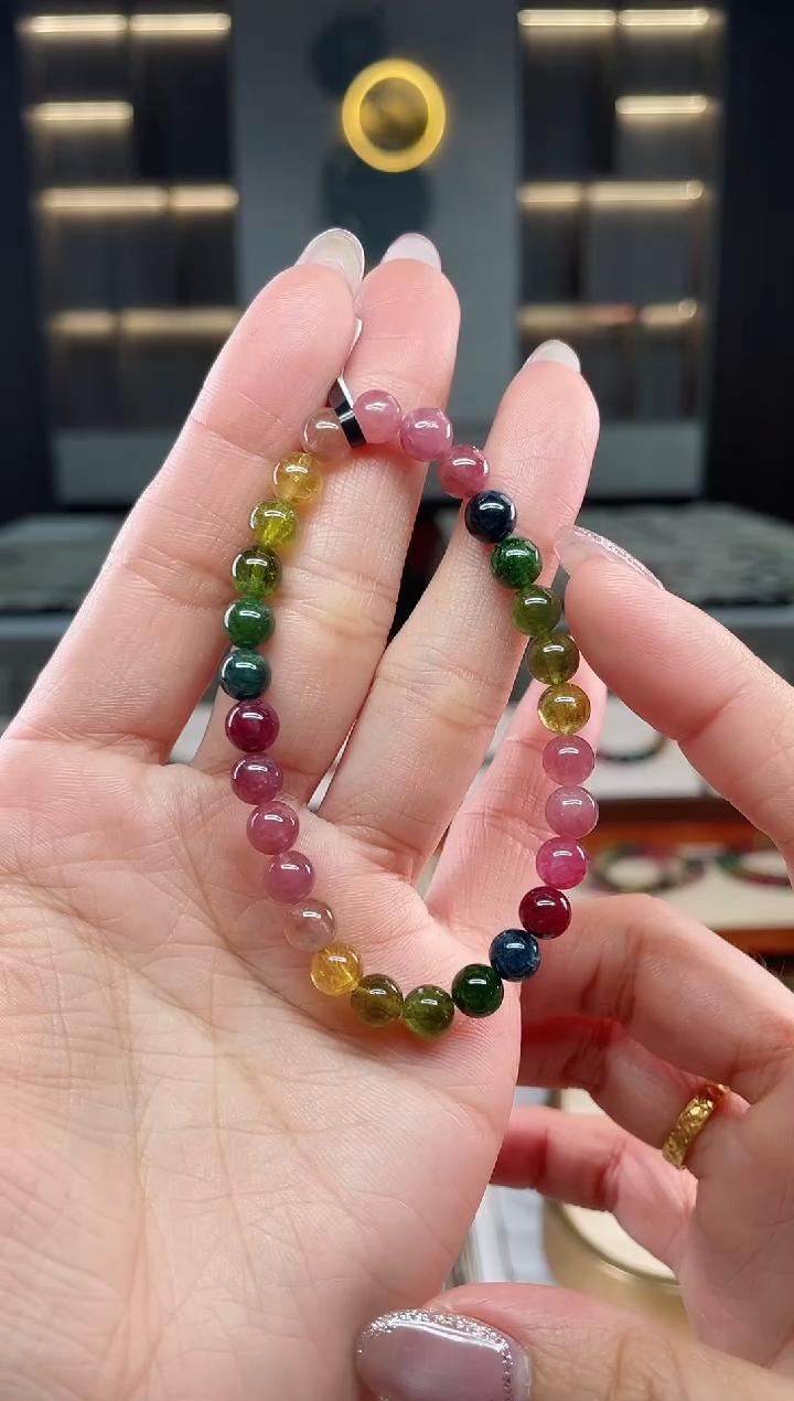 未镶嵌老矿碧玺彩虹单圈手串6mm+碧玺碧玺多样性发一条T