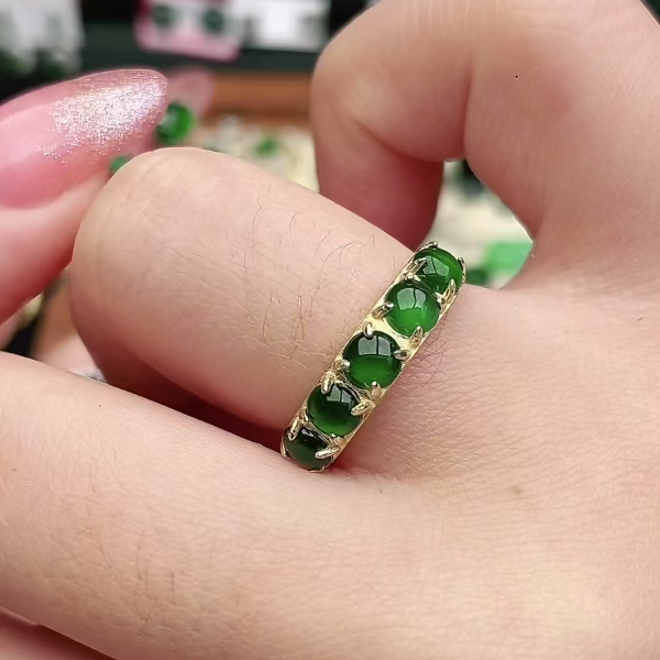 鑫辰珠宝天然A货翡翠银镶嵌设计款开口女戒指时尚百搭排戒