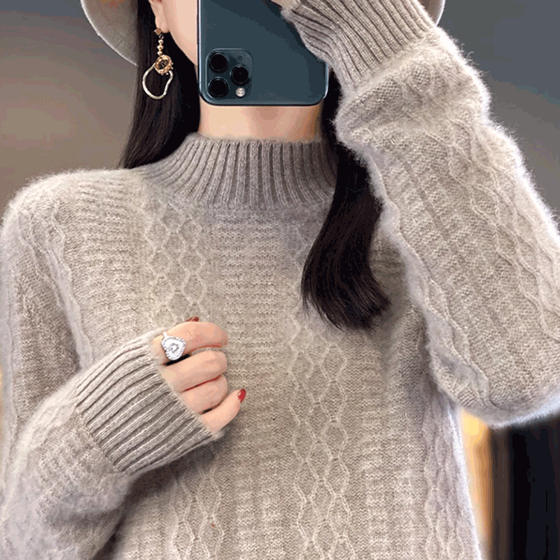 2025秋冬季新款女士半高领羊毛针织衫百搭休闲菱形毛衣加厚慵懒风