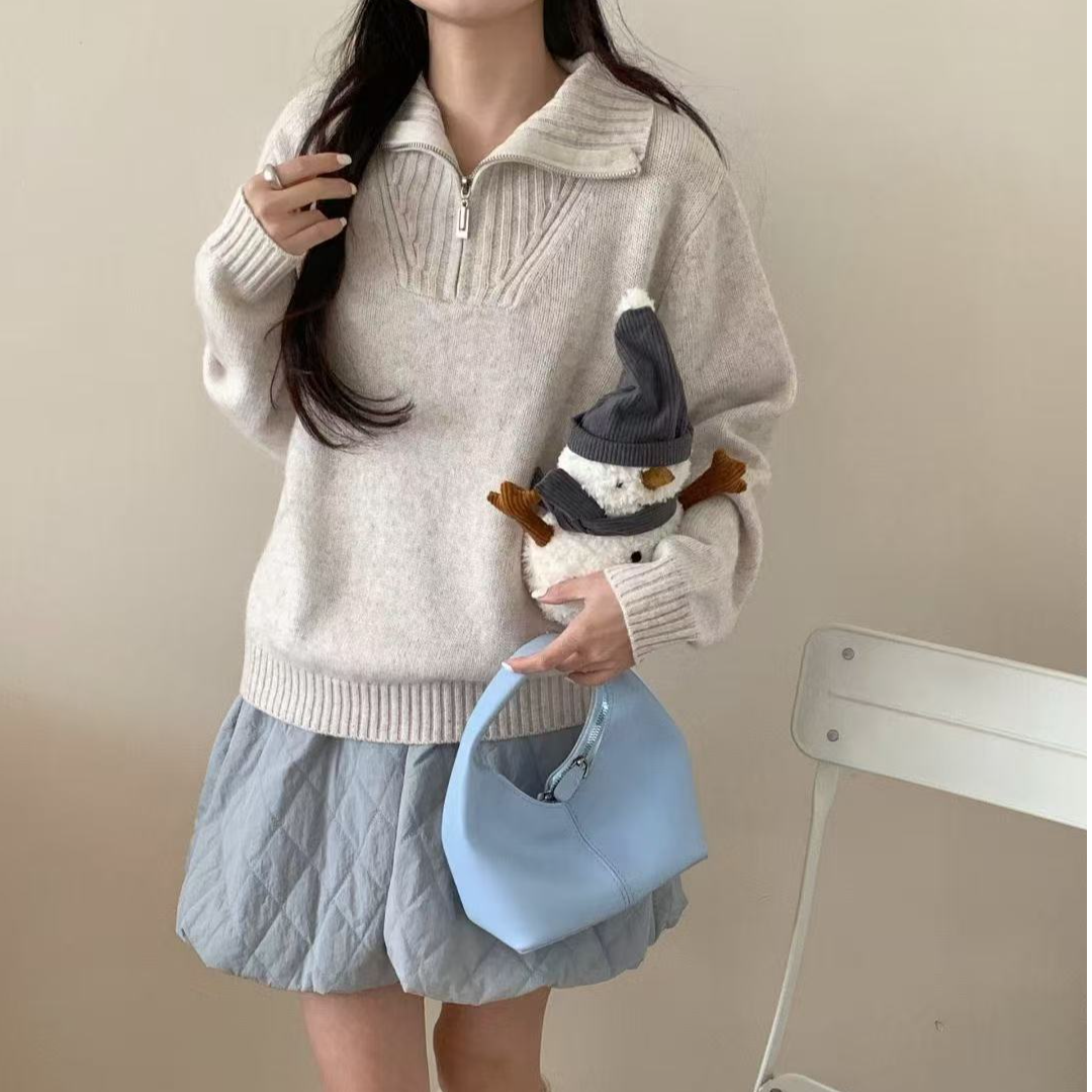 6689纯色秋冬娃娃领圆领时尚翻领开衫款毛针织衫减龄针织