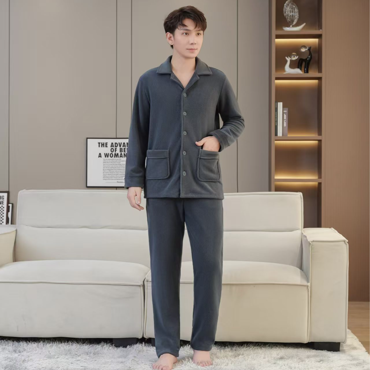 家居服套装冬季家居服保暖纯色春秋长袖中年灰色睡衣