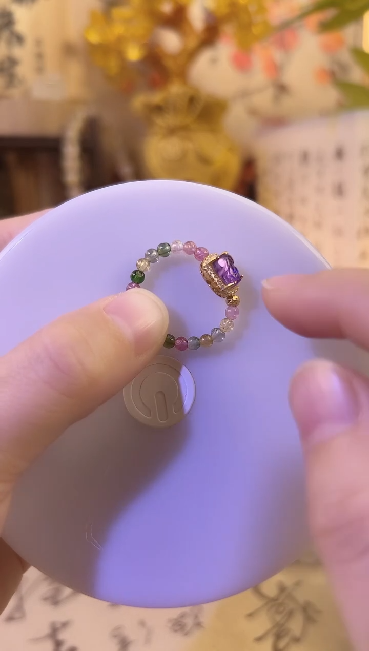 银S925镶嵌戒指碧玺碧玺紫水晶貔貅戒指