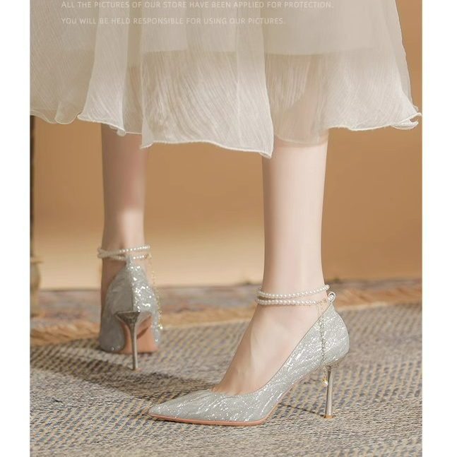 香槟银色高跟鞋女细跟2025新款18岁成年礼服伴娘鞋水晶婚鞋新娘鞋