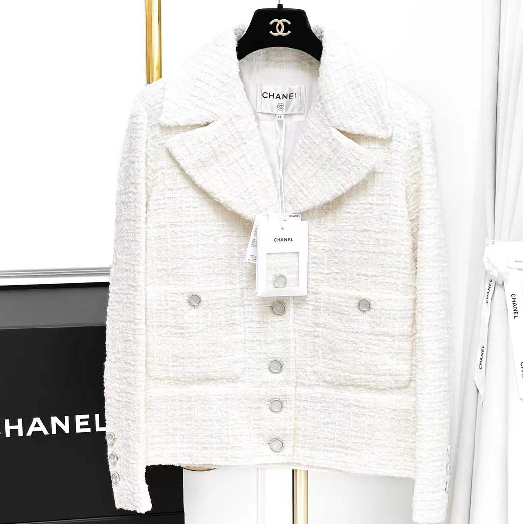 99新 Chanel/香奈儿 38码22P乳白色粗花呢翻领长袖外套