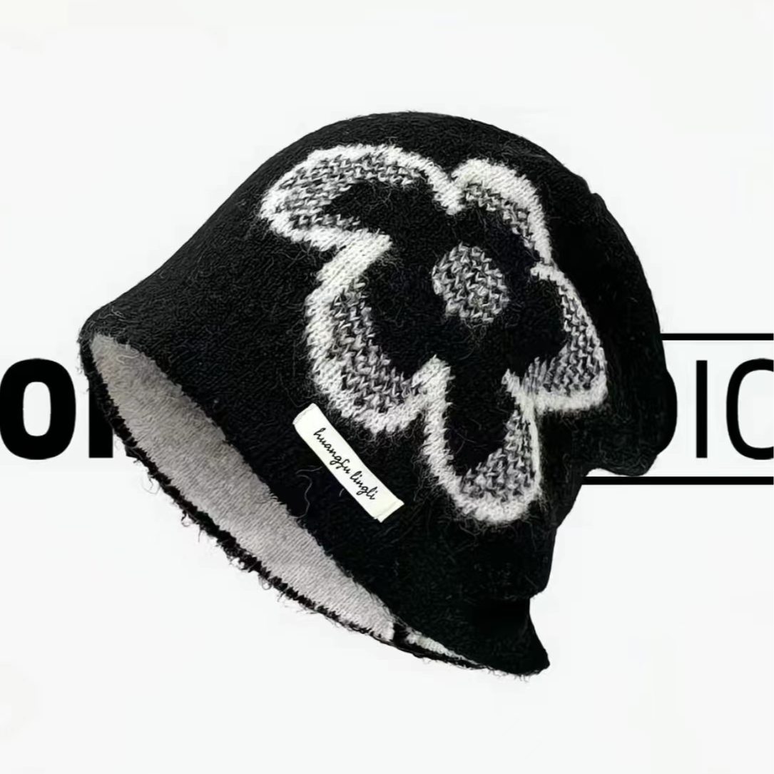 羊毛混纺秋冬韩版无檐涂鸦针织帽包头帽帽子冷帽防风百搭款
