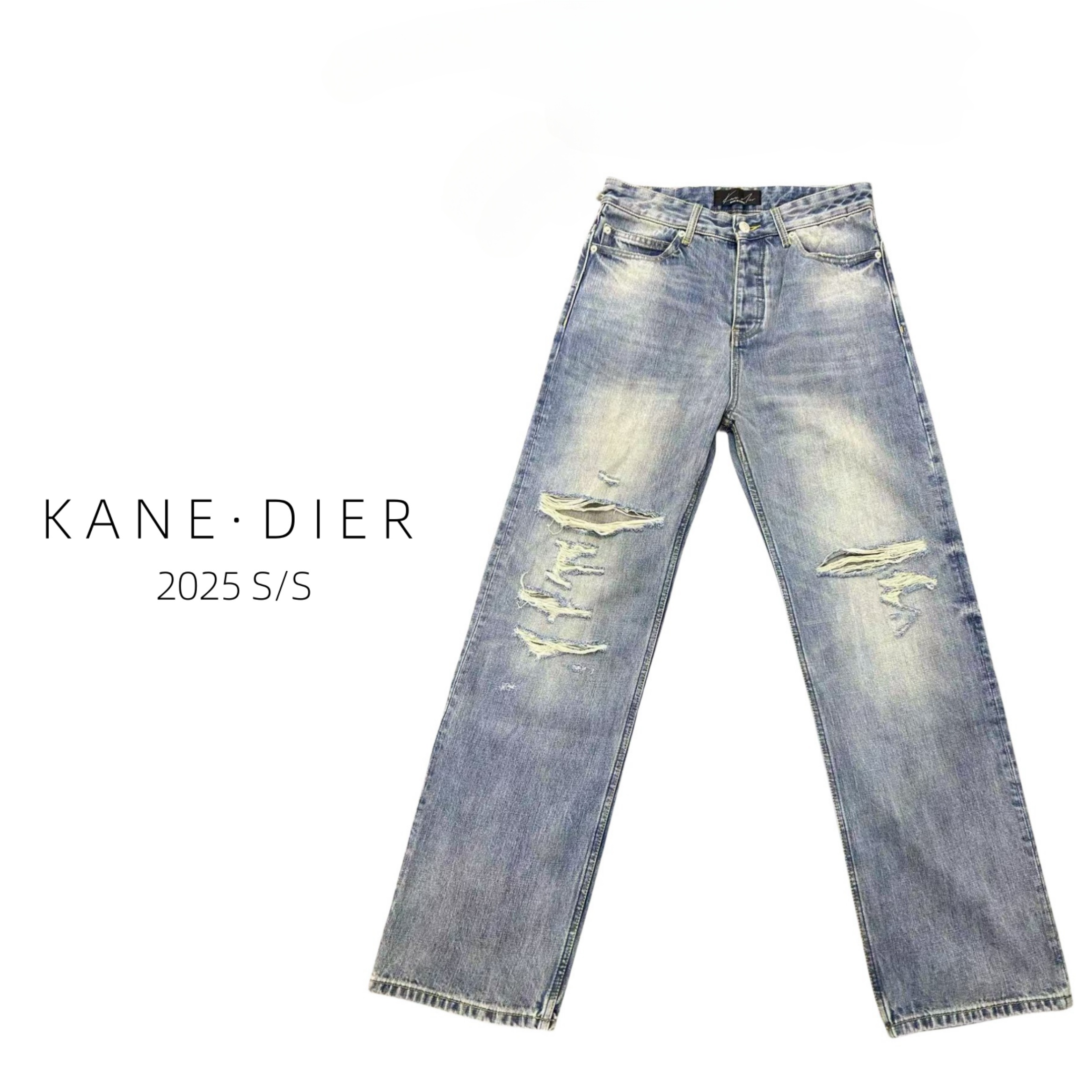 KANE DIER AD25S/S 破洞效果浅色直筒排扣牛仔裤春夏